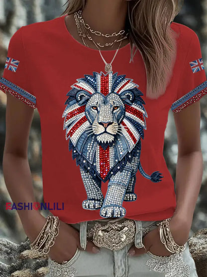 Women’s British style imitation denim rhinestone hot-drill Printed Iron On Short Sleeve T-Shirt Red / S