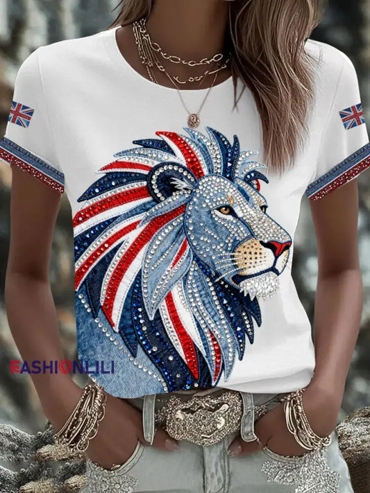 Women’s British style imitation denim rhinestone hot-drill Printed Iron On Short Sleeve T-Shirt White / S