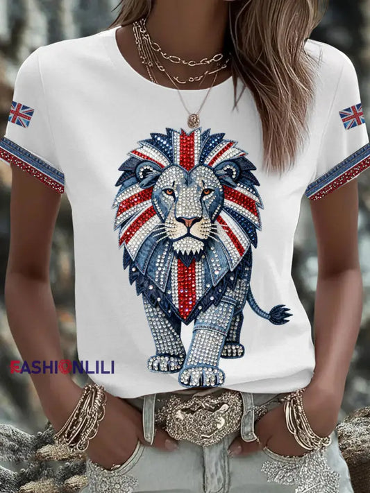 Women’s British style imitation denim rhinestone hot-drill Printed Iron On Short Sleeve T-Shirt White / S