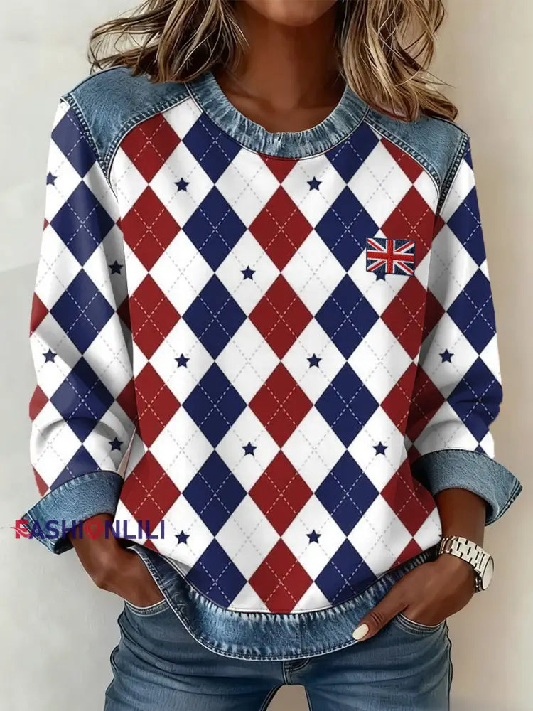 Women’s British Style Inspired Plaid Pattern Patchwork Art Sweatshirt As picture / S