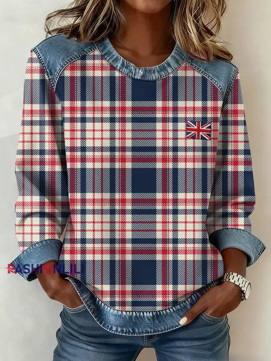 Women’s British Style Inspired Plaid Pattern Patchwork Art Sweatshirt As picture / S