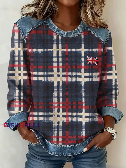 Women’s British Style Inspired Plaid Pattern Patchwork Art Sweatshirt As picture / S