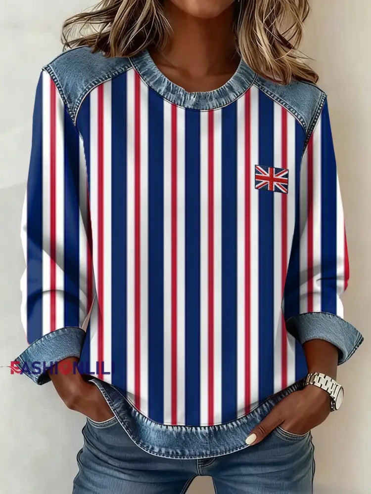 Women’s British Style Inspired Plaid Pattern Patchwork Art Sweatshirt As picture / S