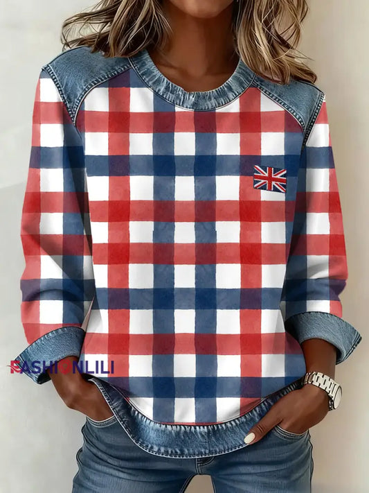 Women’s British Style Inspired Plaid Pattern Patchwork Art Sweatshirt As picture / S
