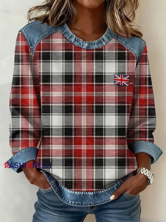 Women’s British Style Inspired Plaid Pattern Patchwork Art Sweatshirt As picture / S