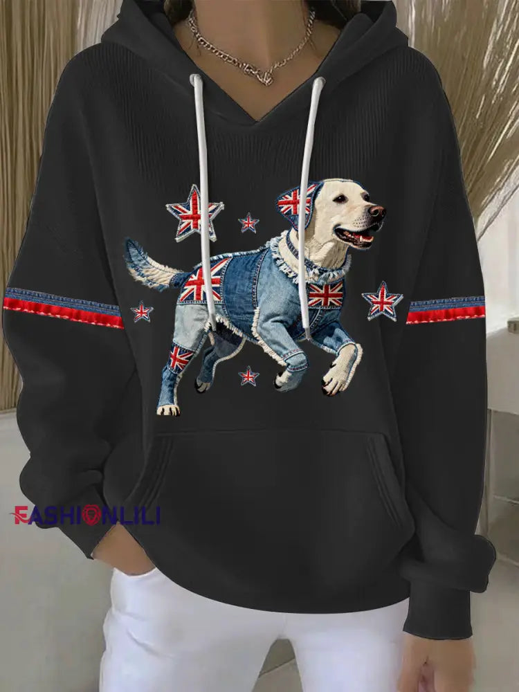 Women’s British Style Labrador Print Casual Hoodie Black / S