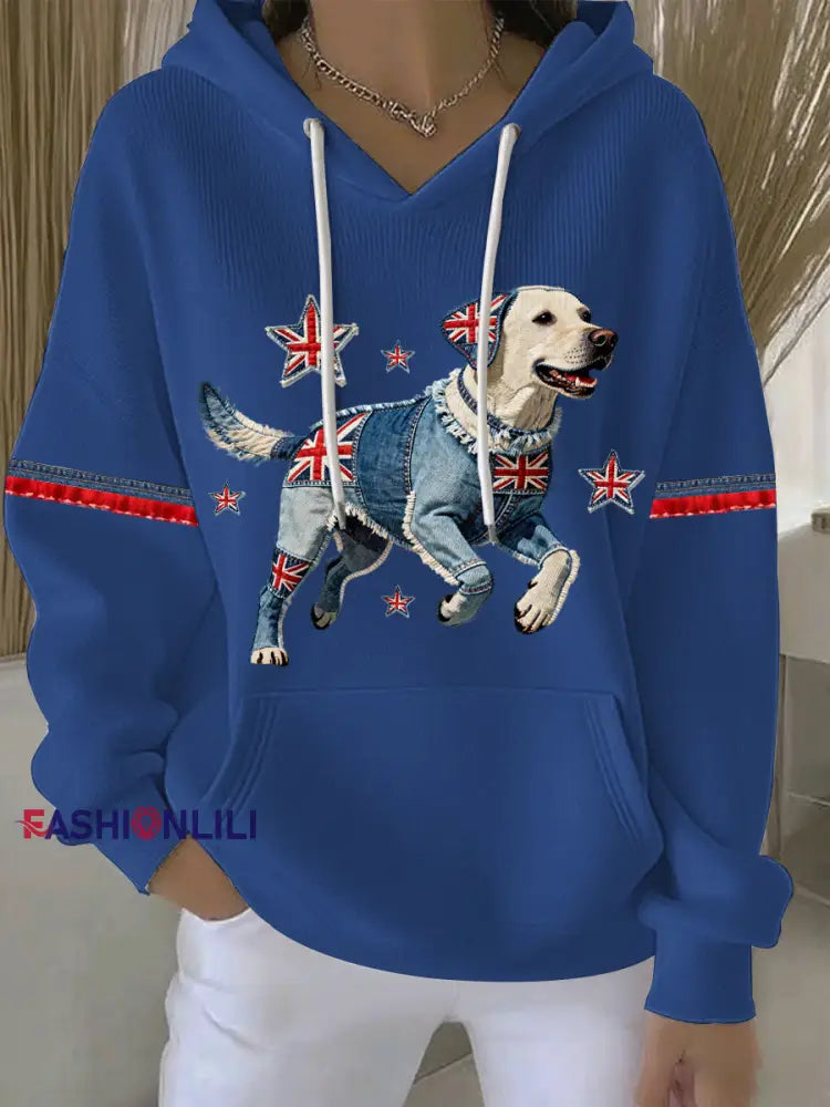 Women’s British Style Labrador Print Casual Hoodie Blue / S