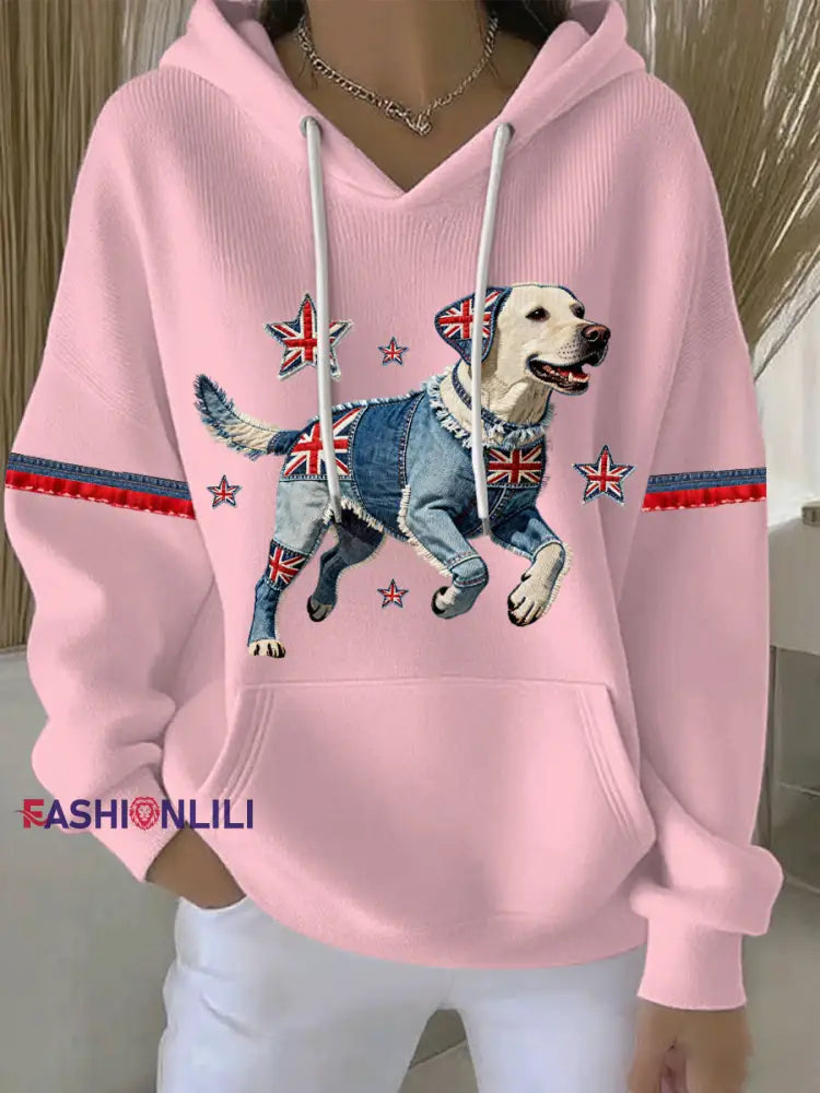 Women’s British Style Labrador Print Casual Hoodie Pink / S