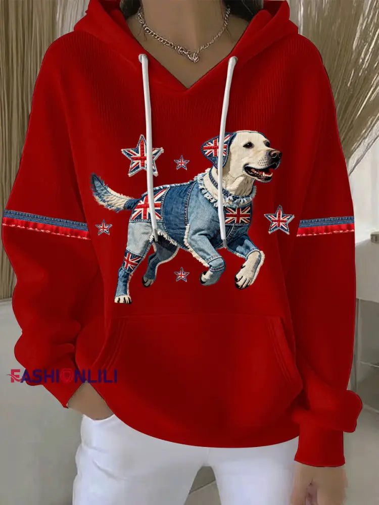Women’s British Style Labrador Print Casual Hoodie Red / S
