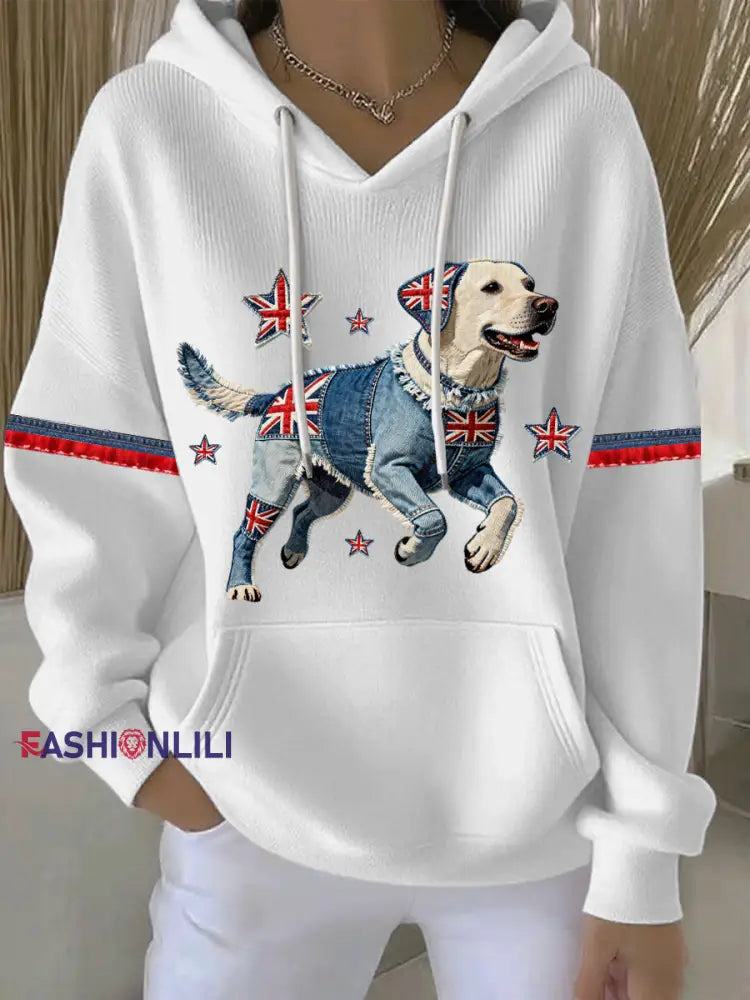Women’s British Style Labrador Print Casual Hoodie White / S