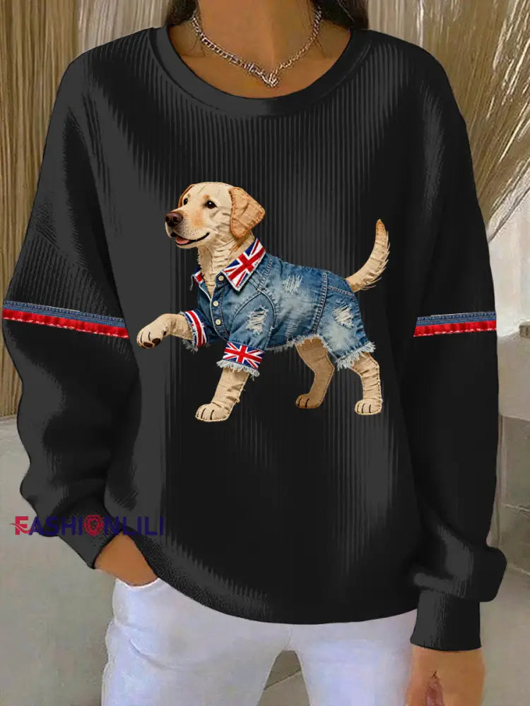 Women’s British Style Labrador Print Casual Sweatshirt Black / S