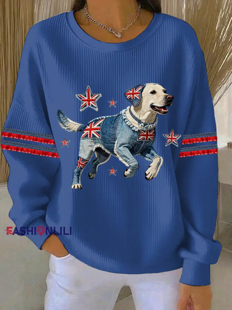 Women’s British Style Labrador Print Casual Sweatshirt Blue / S