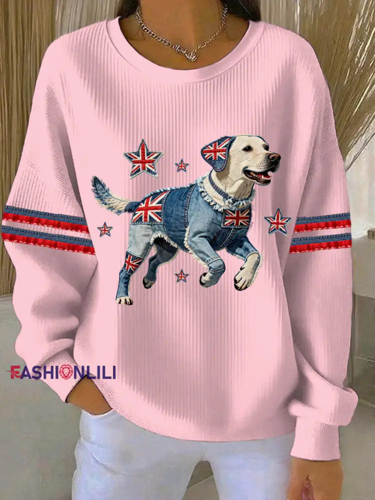 Women’s British Style Labrador Print Casual Sweatshirt Pink / S