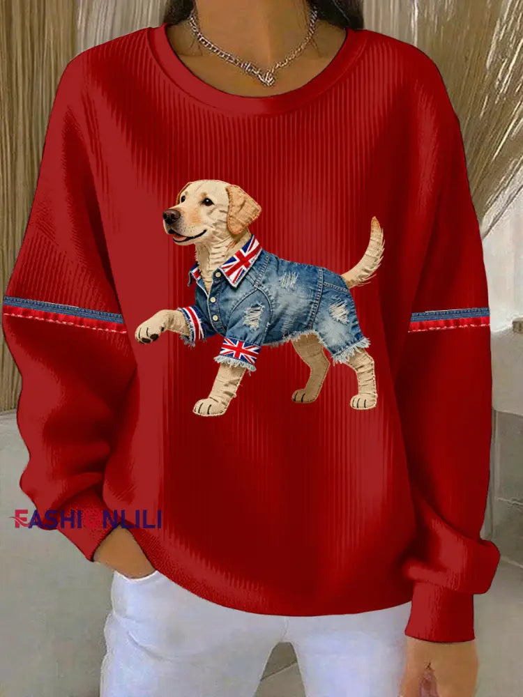 Women’s British Style Labrador Print Casual Sweatshirt Red / S