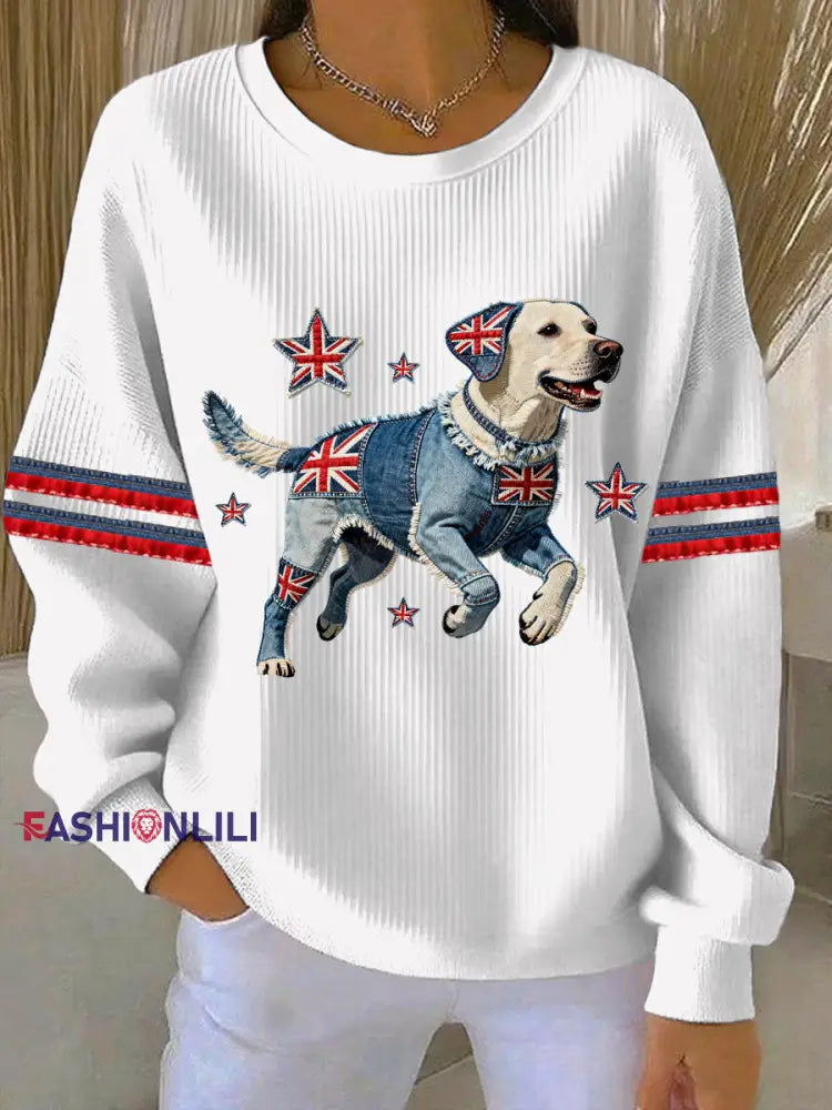 Women’s British Style Labrador Print Casual Sweatshirt White / S
