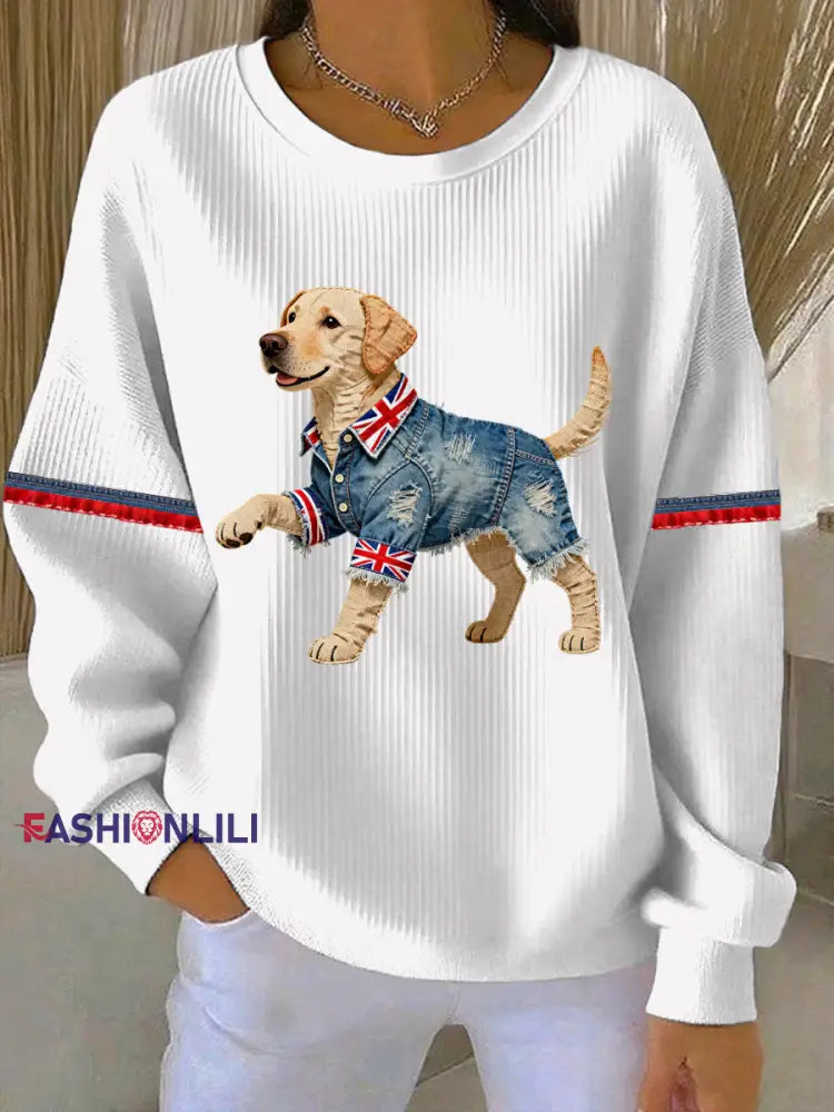 Women’s British Style Labrador Print Casual Sweatshirt White / S