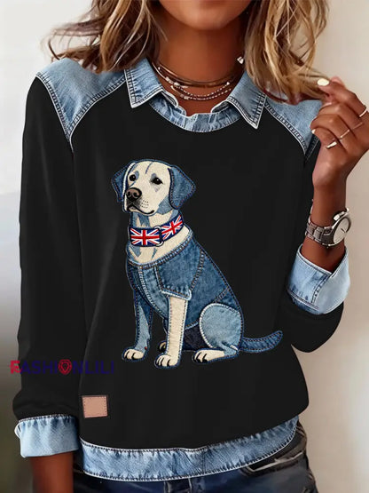 Women’s British Style Labrador Labrador Print Casual Top Black / S
