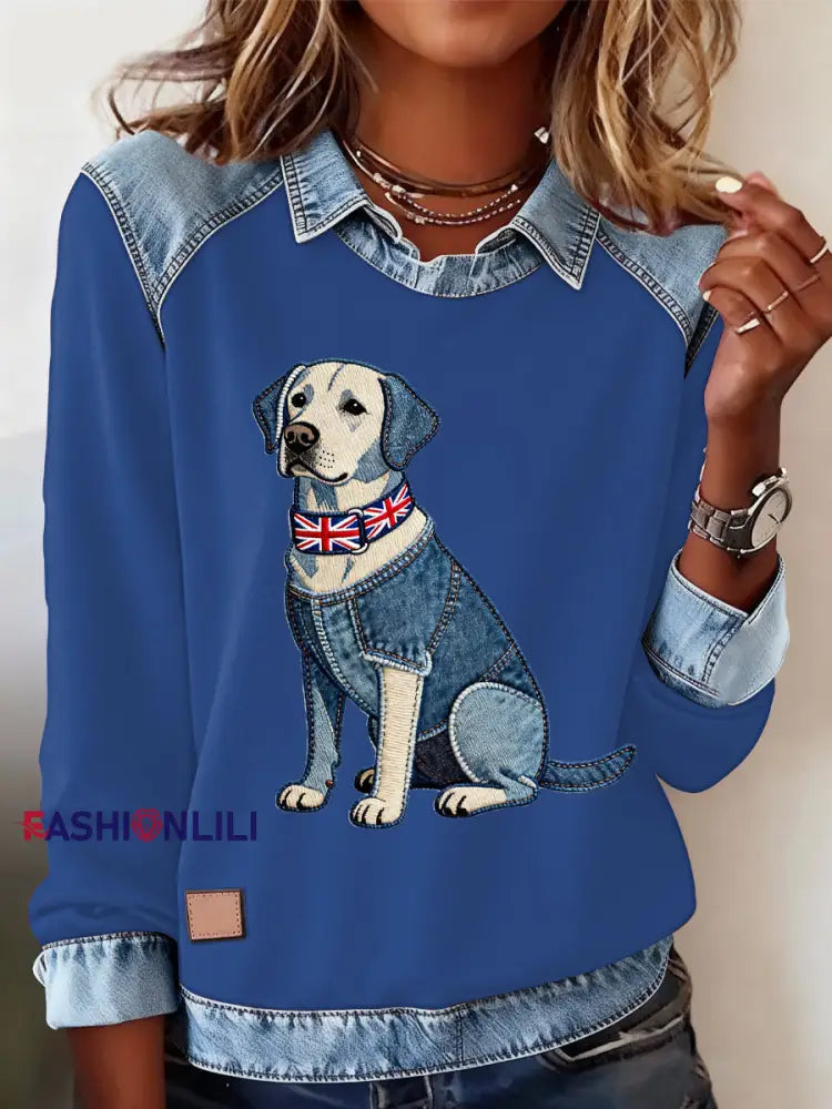 Women’s British Style Labrador Labrador Print Casual Top Blue / S
