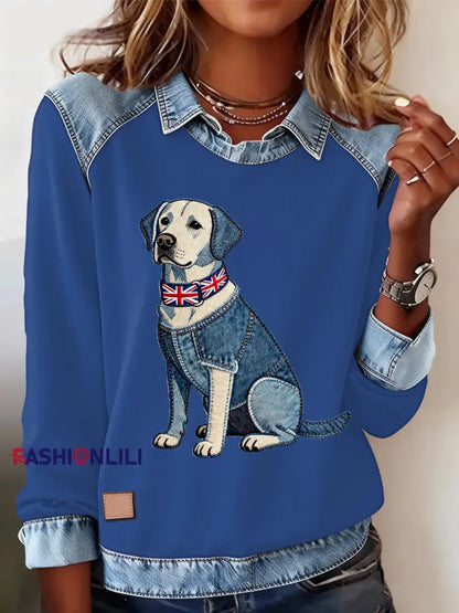 Women’s British Style Labrador Labrador Print Casual Top Blue / S