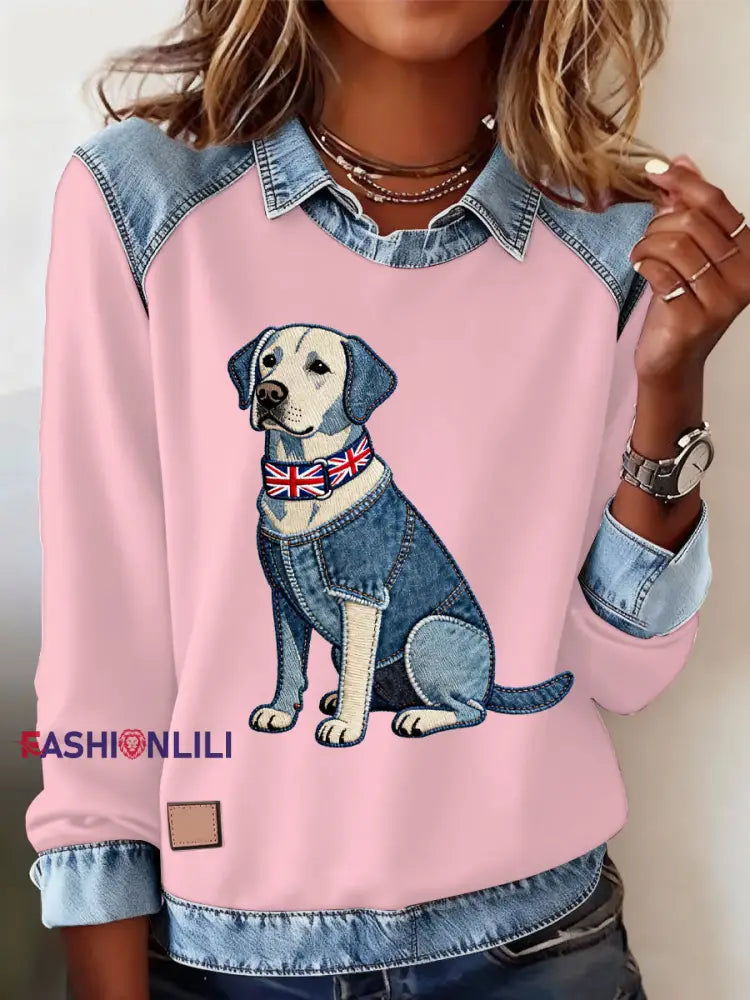 Women’s British Style Labrador Labrador Print Casual Top Pink / S