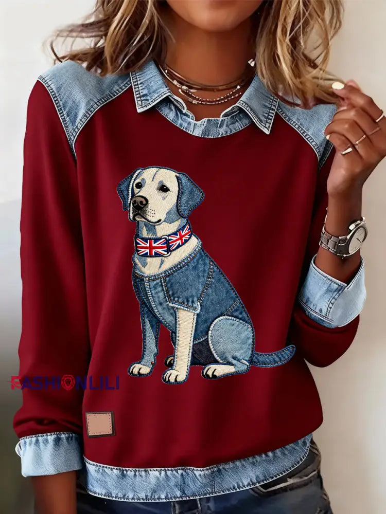 Women’s British Style Labrador Labrador Print Casual Top Red / S