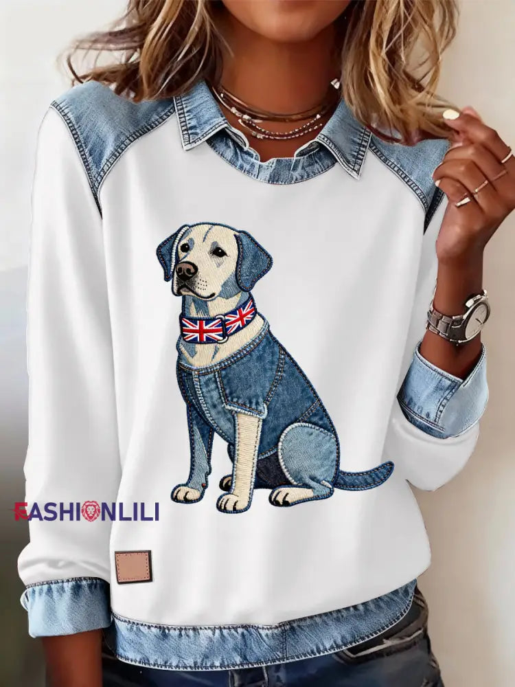 Women’s British Style Labrador Labrador Print Casual Top White / S