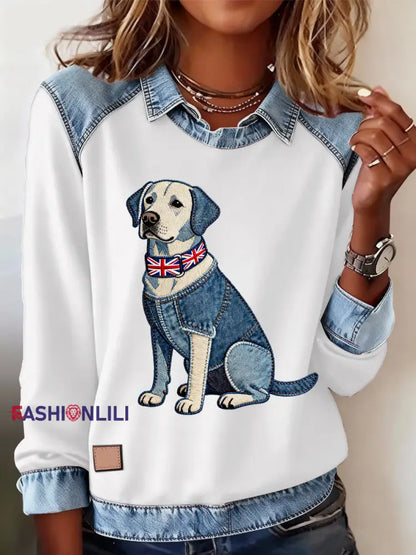 Women’s British Style Labrador Labrador Print Casual Top White / S