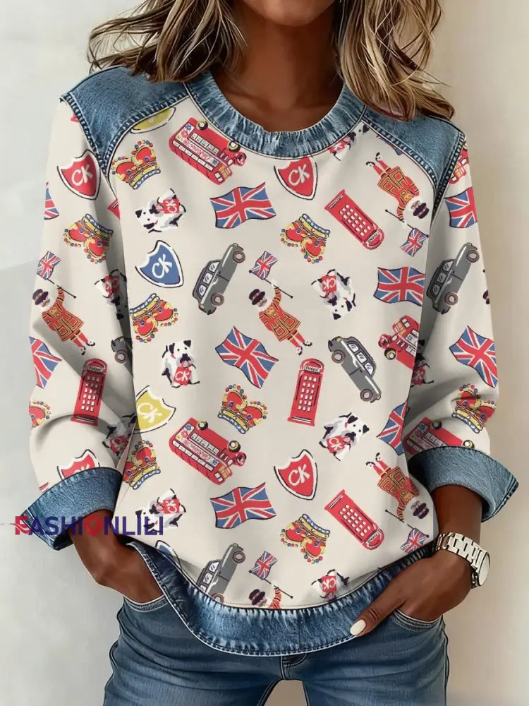 Women’s British Style Pattern Patchwork Art Sweatshirt As picture / S