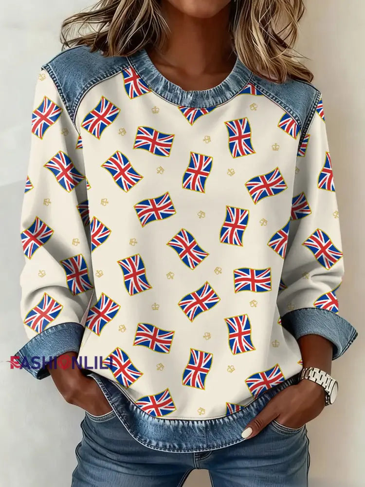 Women’s British Style Pattern Patchwork Art Sweatshirt As picture / S