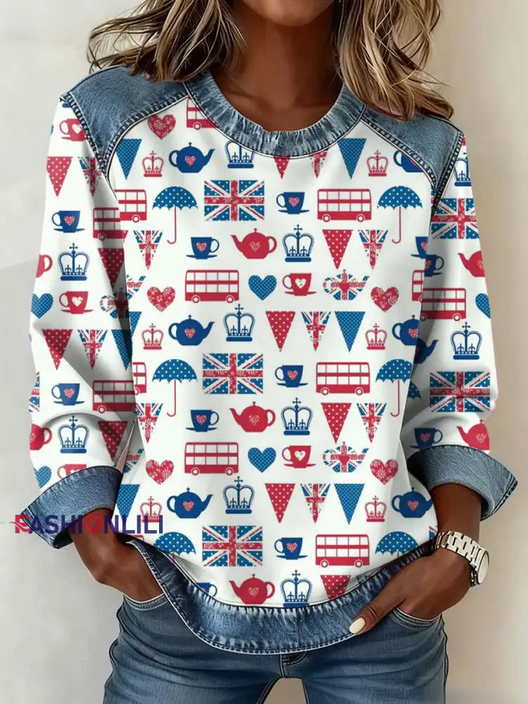 Women’s British Style Pattern Patchwork Art Sweatshirt As picture / S