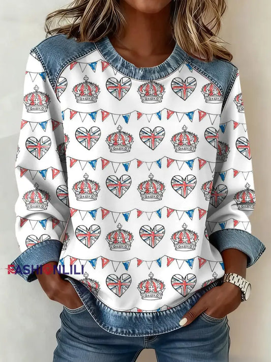 Women’s British Style Pattern Patchwork Art Sweatshirt As picture / S