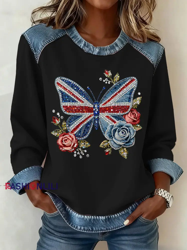 Women’s British Style Pattern Patchwork Art Sweatshirt Black / S
