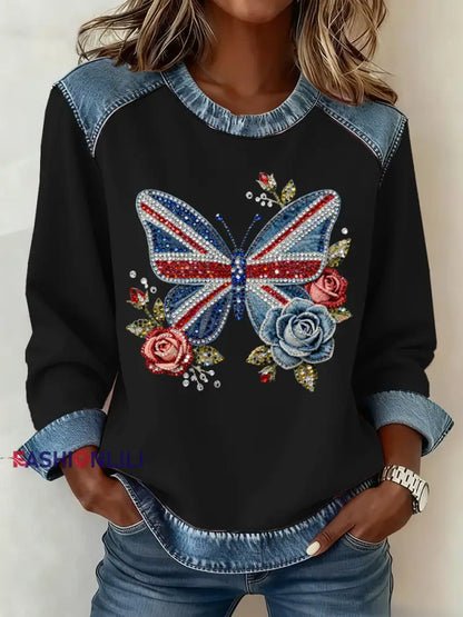 Women’s British Style Pattern Patchwork Art Sweatshirt Black / S