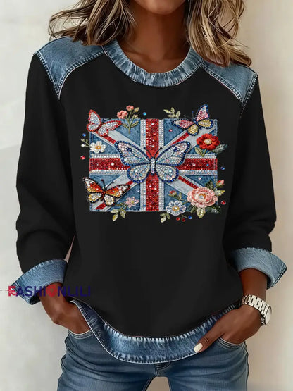 Women’s British Style Pattern Patchwork Art Sweatshirt Black / S