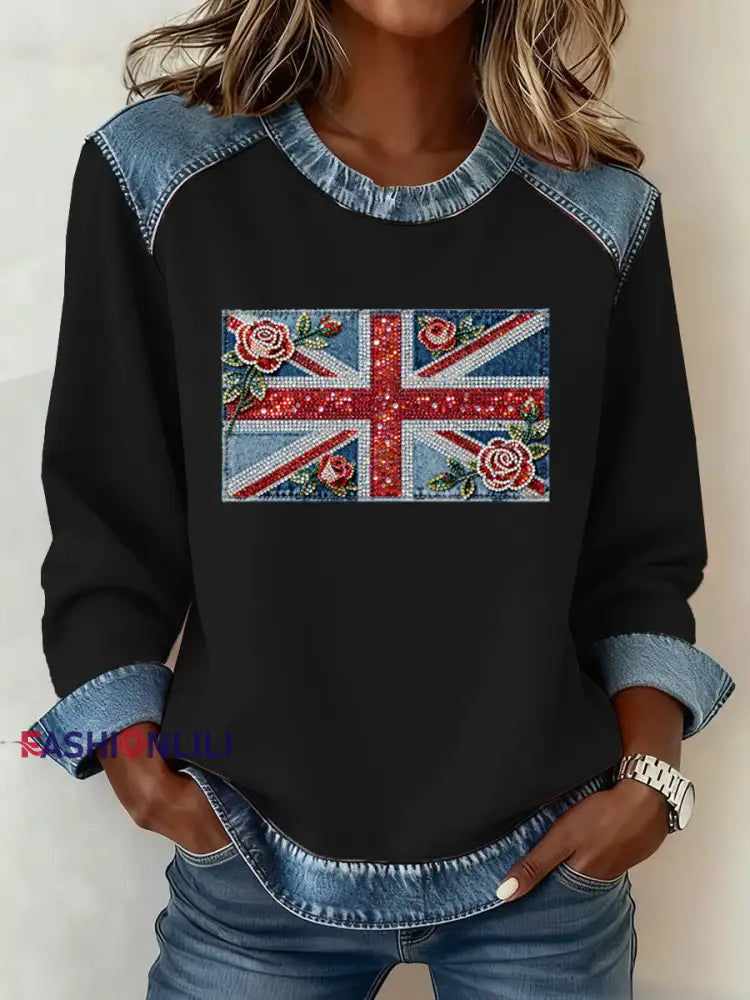 Women’s British Style Pattern Patchwork Art Sweatshirt Black / S