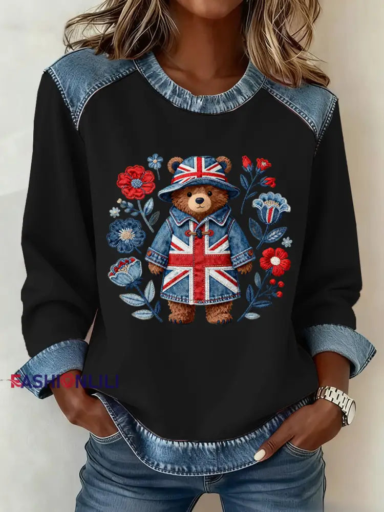 Women’s British Style Pattern Patchwork Art Sweatshirt Black / S