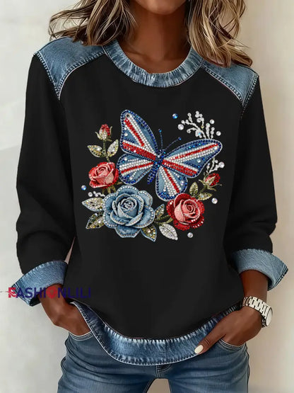 Women’s British Style Pattern Patchwork Art Sweatshirt Black / S