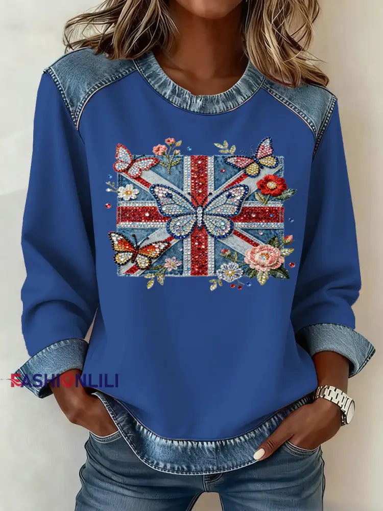 Women’s British Style Pattern Patchwork Art Sweatshirt Blue / S