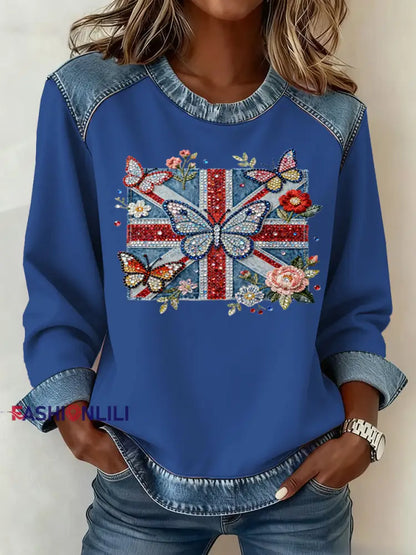 Women’s British Style Pattern Patchwork Art Sweatshirt Blue / S