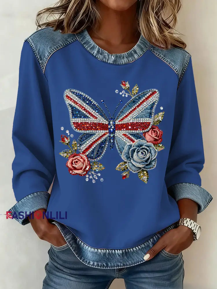 Women’s British Style Pattern Patchwork Art Sweatshirt Blue / S