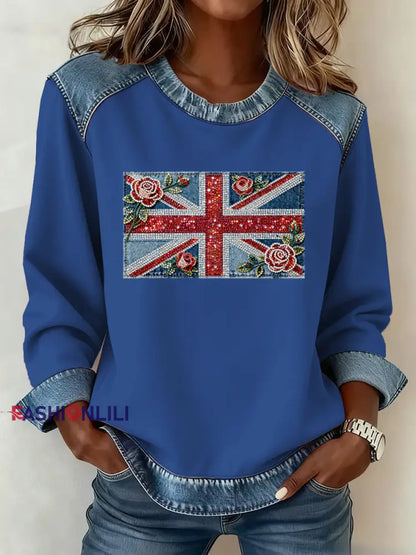 Women’s British Style Pattern Patchwork Art Sweatshirt Blue / S