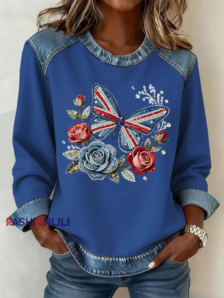 Women’s British Style Pattern Patchwork Art Sweatshirt Blue / S