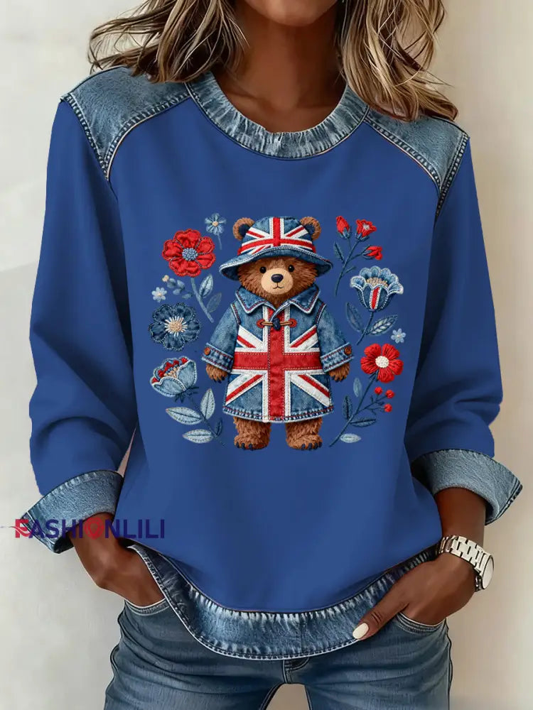 Women’s British Style Pattern Patchwork Art Sweatshirt Blue / S