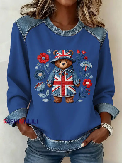 Women’s British Style Pattern Patchwork Art Sweatshirt Blue / S