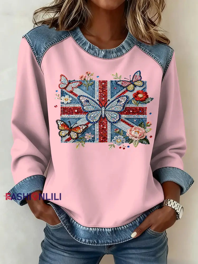 Women’s British Style Pattern Patchwork Art Sweatshirt Pink / S
