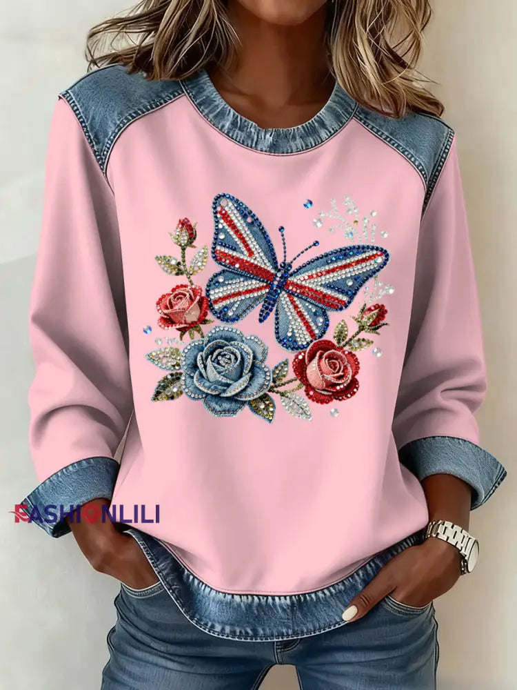 Women’s British Style Pattern Patchwork Art Sweatshirt Pink / S