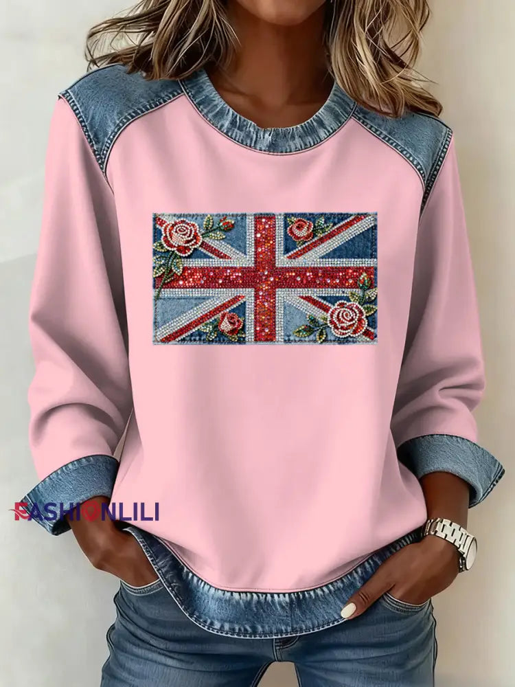 Women’s British Style Pattern Patchwork Art Sweatshirt Pink / S