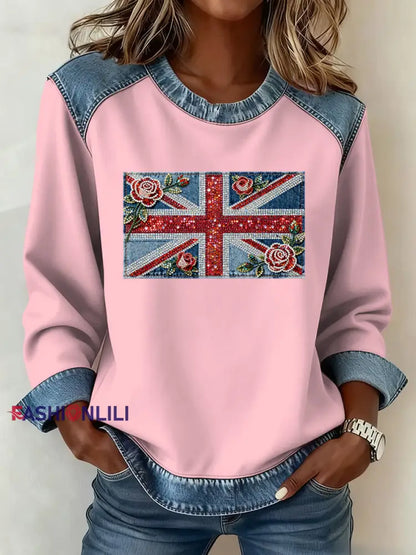 Women’s British Style Pattern Patchwork Art Sweatshirt Pink / S