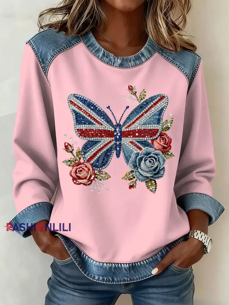 Women’s British Style Pattern Patchwork Art Sweatshirt Pink / S