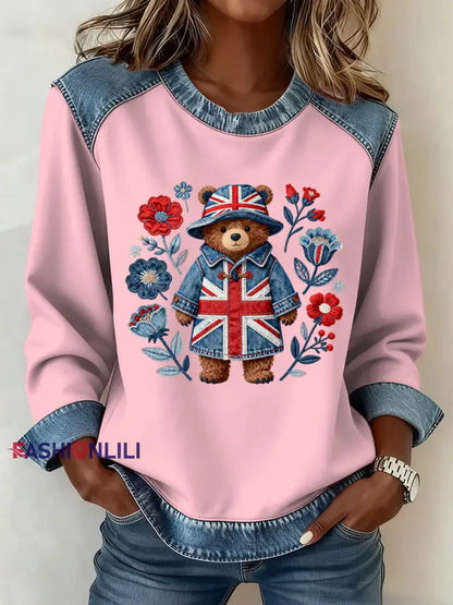 Women’s British Style Pattern Patchwork Art Sweatshirt Pink / S